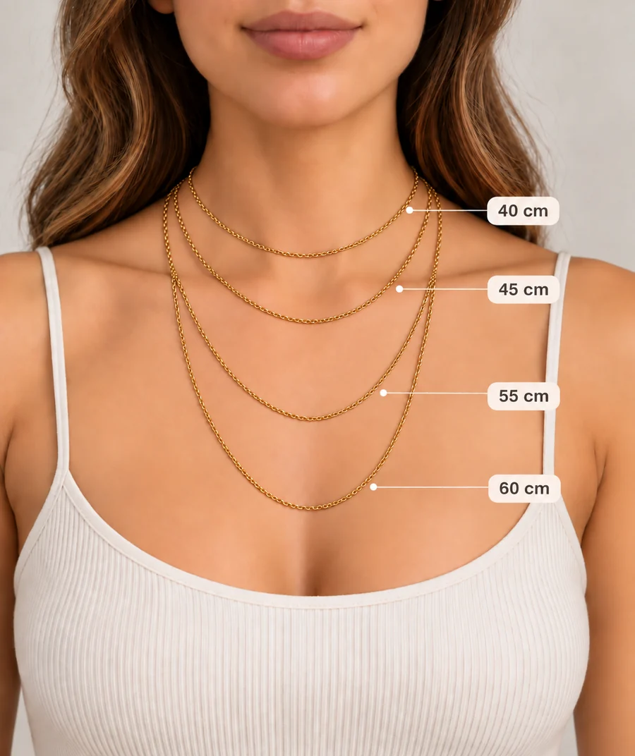 Necklace lengths 40, 45, 55 and 60 cm shown on a model